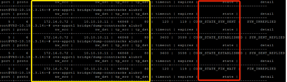 Screenshot of CLI output of ovs-appctl bridge/dump-conntracks alubr0