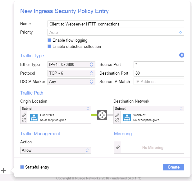 Configuring a rule for stateful inspection